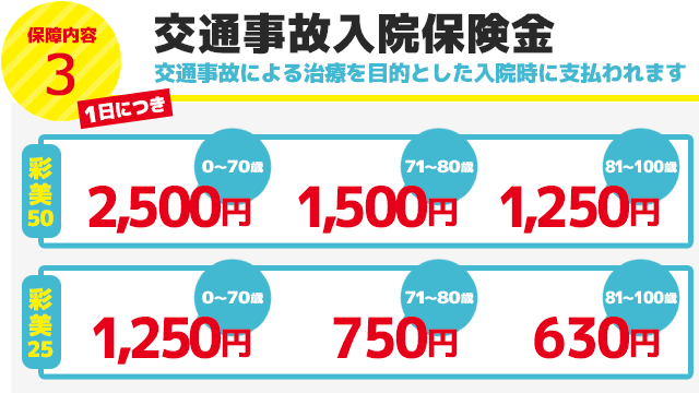 交通事故入院保険金 交通事故による治療を目的とした入院時に支払われます