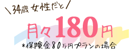 34歳女性の場合 月々180円 ＊保険金80万円プランの場合